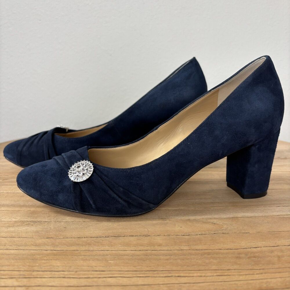 Talbots Navy Suede Leather Pumps Block Heel Size 8.5M Rhinestone Glam Event Chic